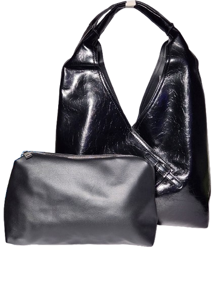 Navy LA TERRE origami triangle tote with matching pouch