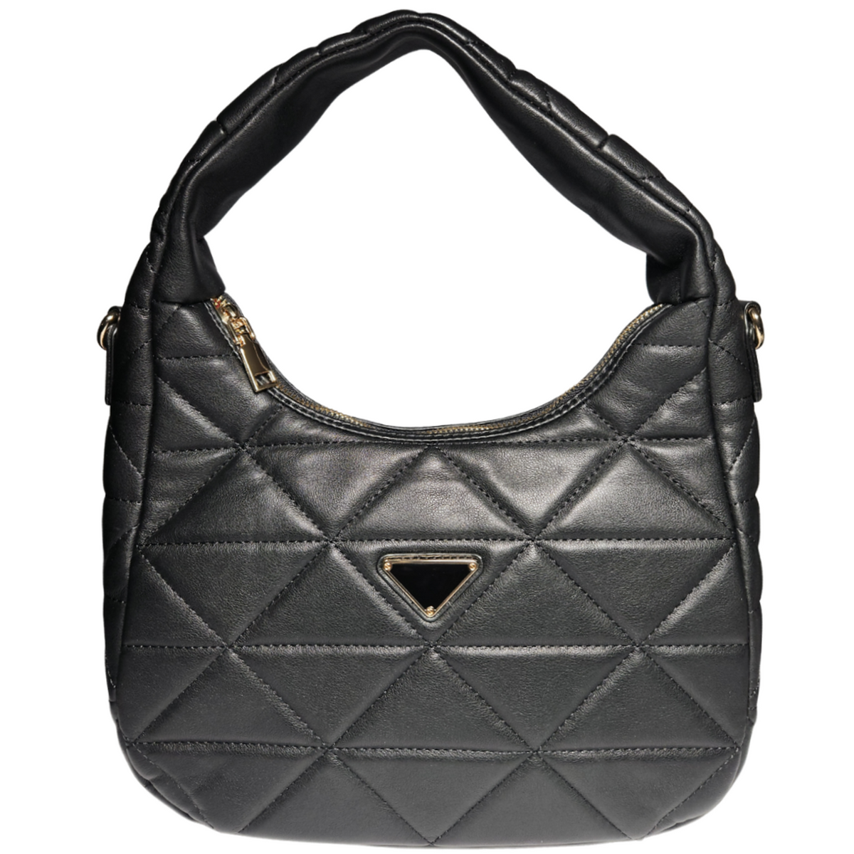 Black quilted triangle vegan handbag front view