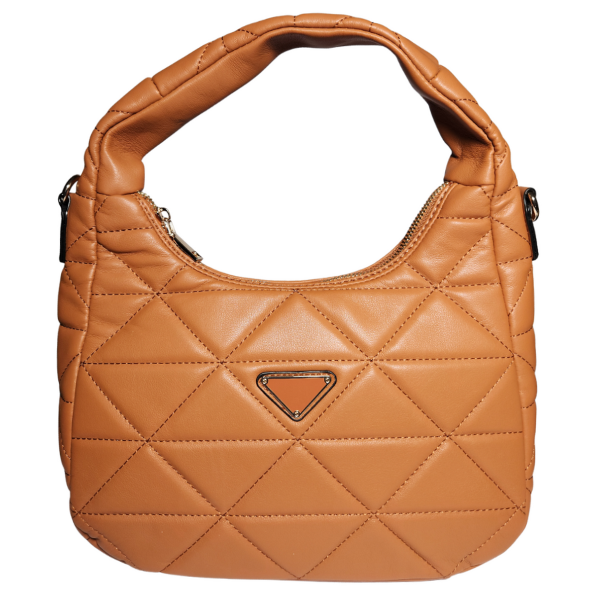 Caramel brown quilted triangle vegan handbag front view