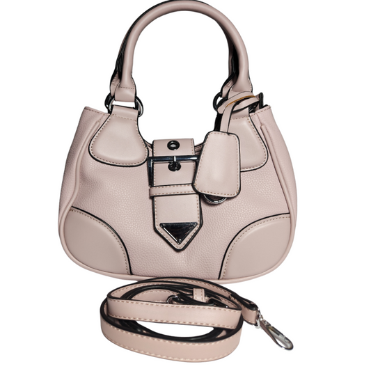 Beige mini top handle bag with detachable shoulder strap, front view