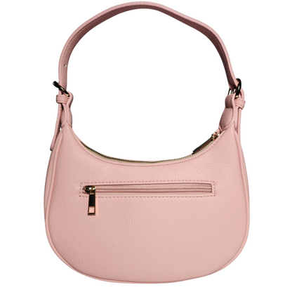 Pink crescent vegan shoulder bag back view with zipper