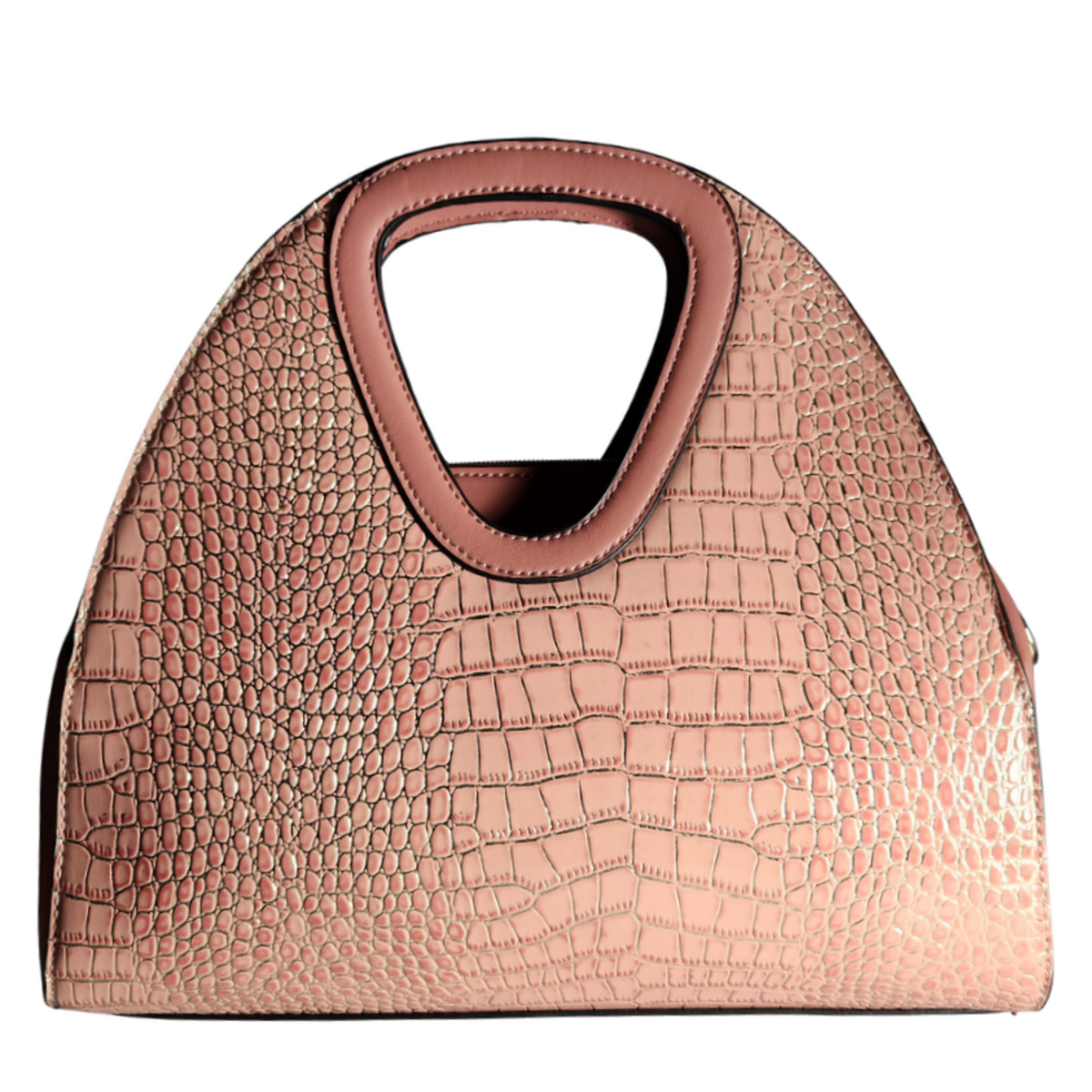 Pink & Gold crocodile-embossed dome satchel front view