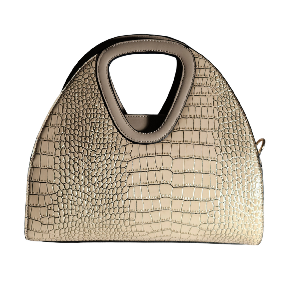Beige & Gold crocodile-embossed dome satchel front view
