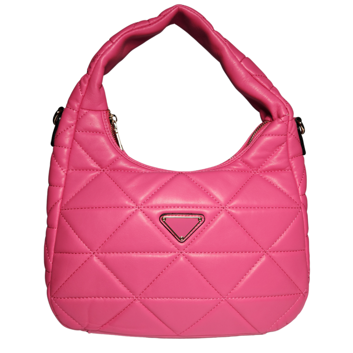 Hot pink quilted triangle vegan handbag front view