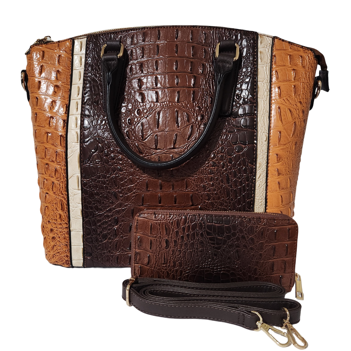 DIOPHY color-blocked crocodile embossed satchel with Espresso center panel, matching wallet and detachable strap