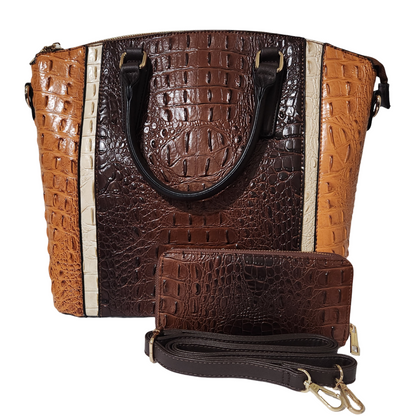 DIOPHY color-blocked crocodile embossed satchel with Espresso center panel, matching wallet and detachable strap