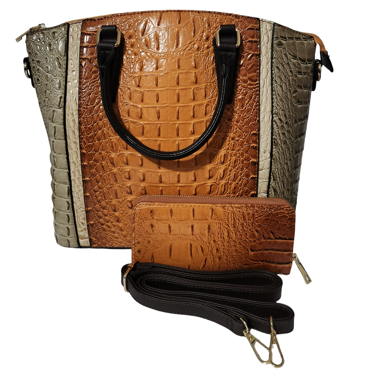 DIOPHY color-blocked crocodile embossed satchel with Honey Brown center panel, matching wallet and detachable strap