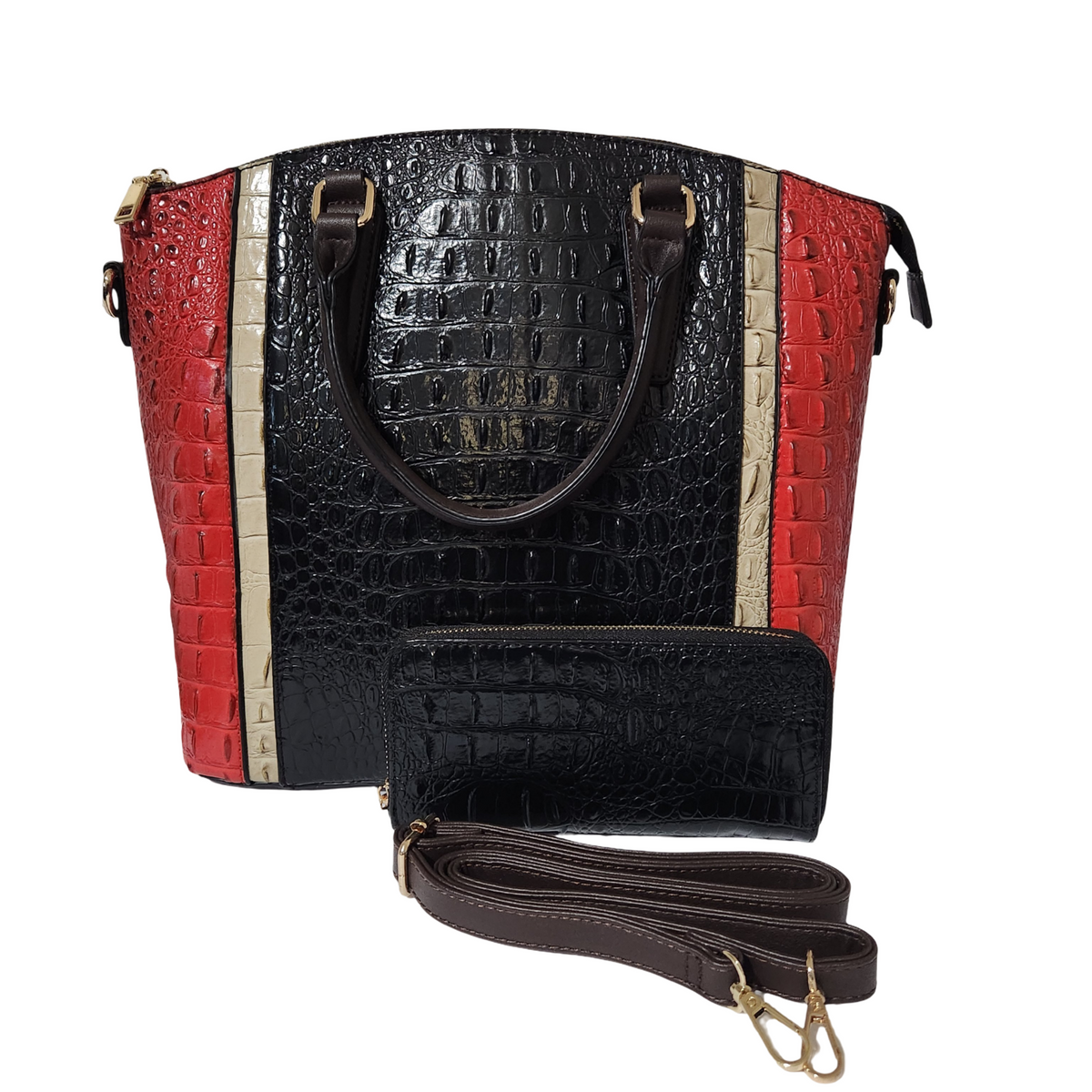 DIOPHY color-blocked crocodile embossed satchel with Black center panel, matching wallet and detachable strap