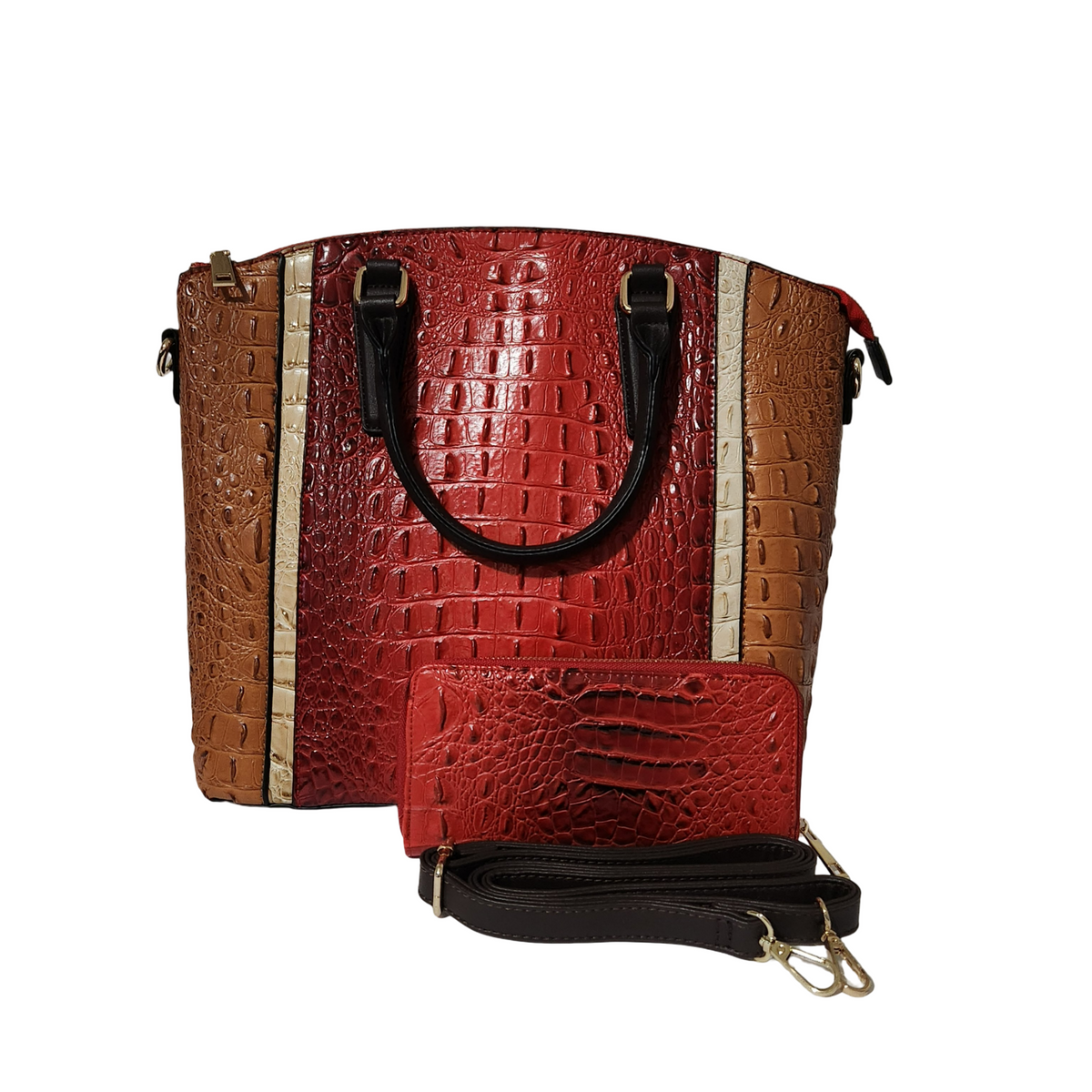 DIOPHY color-blocked crocodile embossed satchel with red center panel, matching wallet and detachable strap