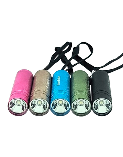 Five colorful mini flashlights with wrist straps