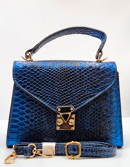 Blue structured top-handle handbag with gold clasp