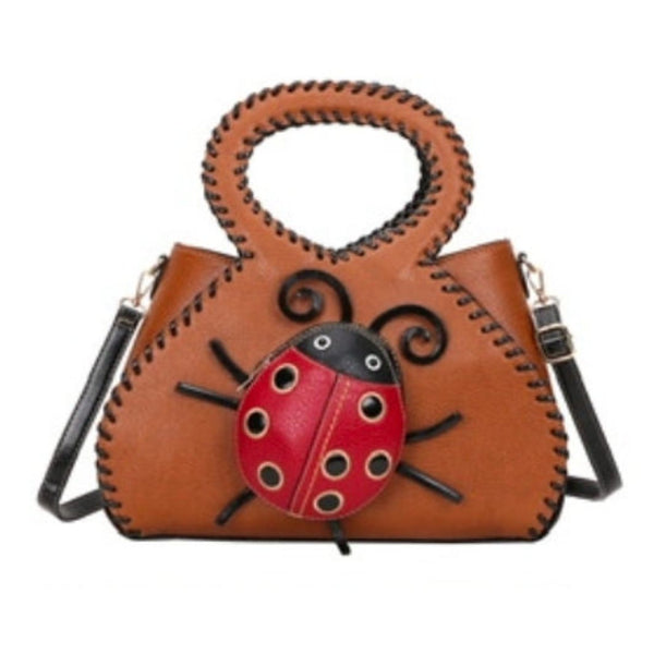 Brown Diophy ladybug satchel bag front view with detachable strap