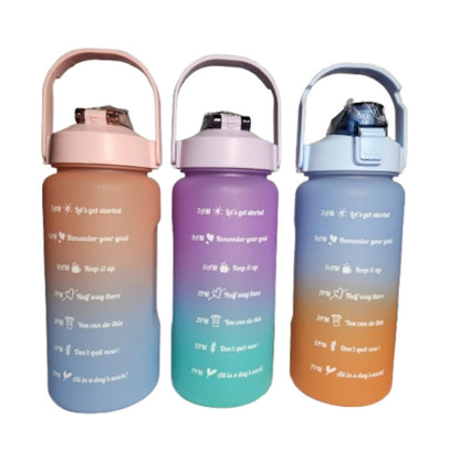 Purple, blue, and peach fade motivational time marker water bottle