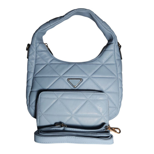 Blue quilted triangle vegan handbag with matching wallet, front view