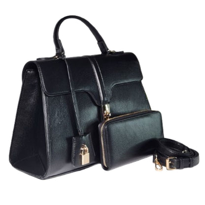 Black handbag with a top handle, front flap, lock detail, and a matching zippered pouch with an adjustable shoulder strap.