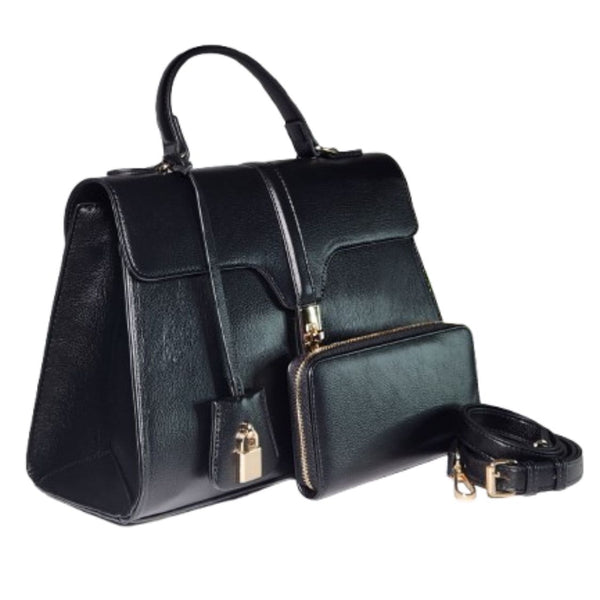 Black handbag with a top handle, front flap, lock detail, and a matching zippered pouch with an adjustable shoulder strap.