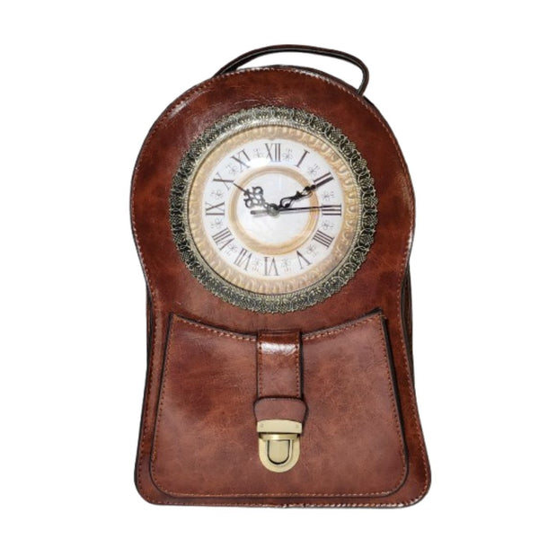 Brown vegan leather clock backpack front view
