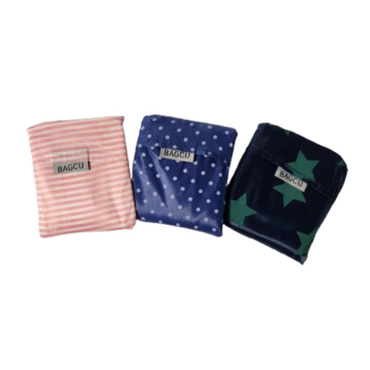  Set of 3 foldable reuseable shopping bags in pink stripe, navy polka dot and navy star pattern