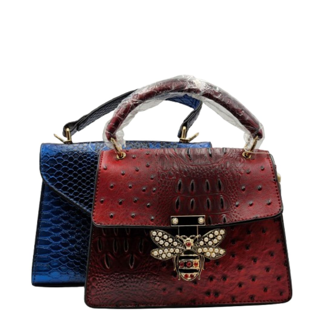 Bee accent top-handle handbag in red and blue