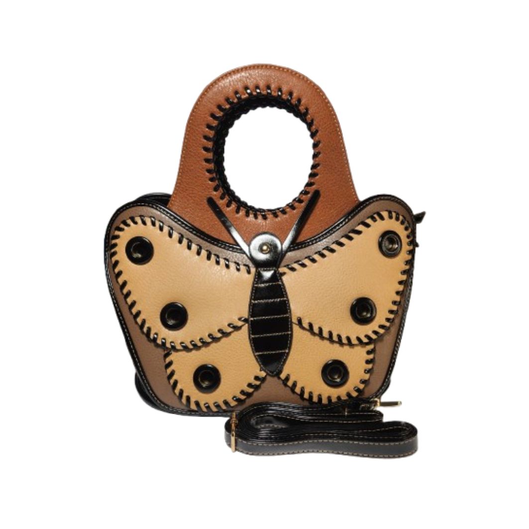 Tan butterfly satchel bag front view with detachable strap
