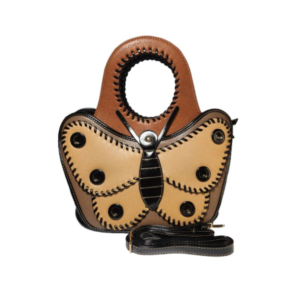 Tan butterfly satchel bag front view with detachable strap