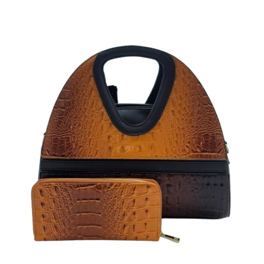 Structured dome handbag with matching wallet in brown, black, red