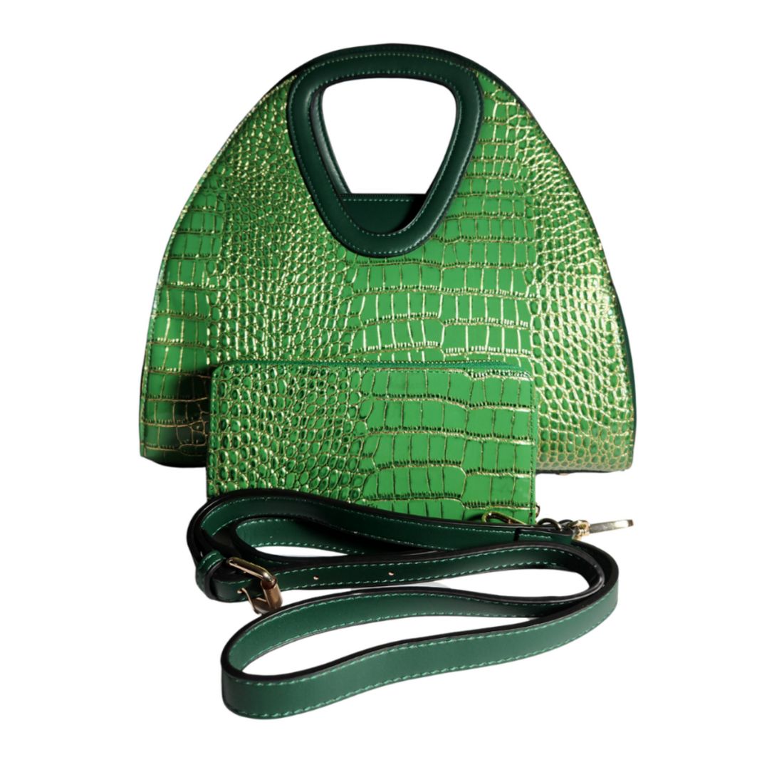 Green & Gold crocodile-embossed dome satchel with matching wallet and detachable strap