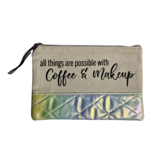 Coffee & makeup zip pouch with printed design.