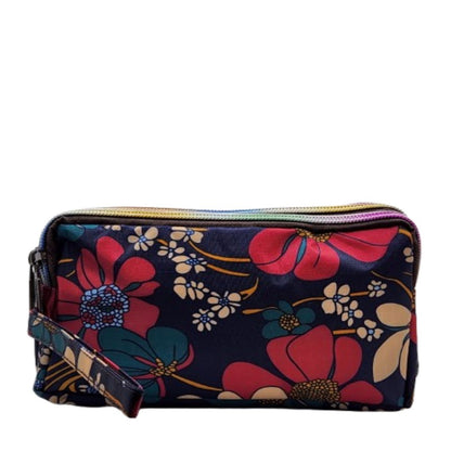 Navy floral zip pouch with colorful pink, coral, and blue flowers and wrist strap.