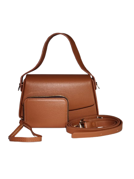 Brown flap baguette bag with matching wallet and shoulder bag with strap